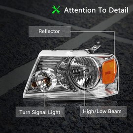 Bingbingmotor BRYGHT Headlight Assembly Fit for 04-08 F150 Pickup / 06-08 Mark LT Passenger and Driver Side (Chrome Housing with Amber Reflector)
