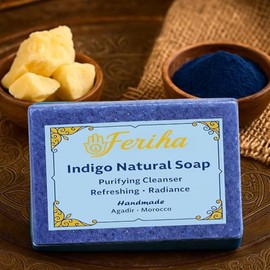 FERIHA- Jabón facial marroquí índigo Nila: elaborado a mano con aceite de argán y manteca de karité