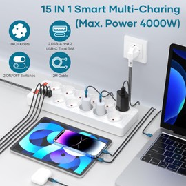 Steckdosenleiste mit USB, 11 Fach Mehrfachsteckdose mit Schalter 2 USB-A und 2 USB-C Ports, 4000W 16A, Steckdosenleiste mit 2 Schaltern für Haus, Schule, Büro, 2M Verlängerungskabel - Weiß