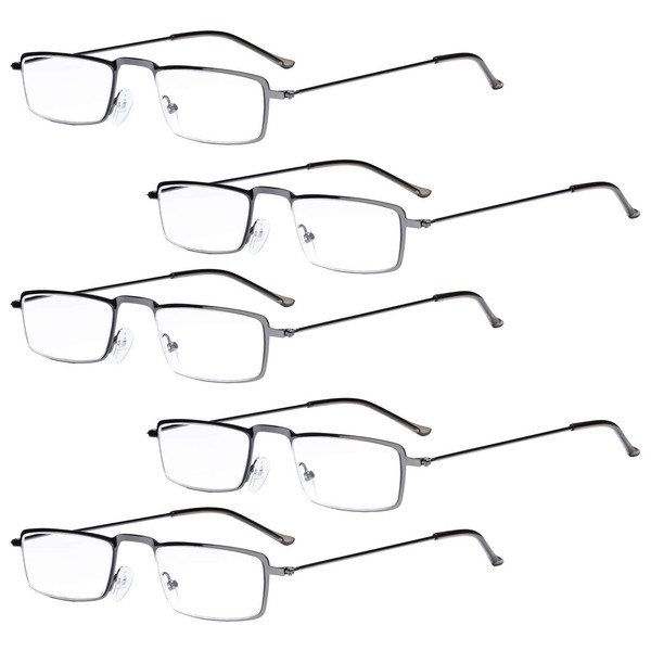 Eyekepper Paquete de 5 lentes de lectura con marco de acero inoxidable, estilo medio ojo, color plomizo + 3.00