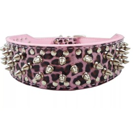Collar de perro con tachuelas de cuero de leopardo de 17-20 pulgadas de ancho, 25 puas