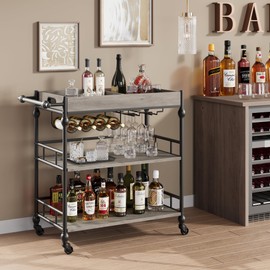 GAOMON Bar Cart, Bar Carts for The Home, 3 Tier Serving Cart with Wheels, Home Bar & Serving Carts, Metal Rolling Cart with Wine Rack & Removable Tray for Kitchen, Dining Room, Living Room-Grey