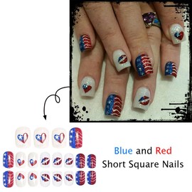 ONPRESS 24Pcs Independence Day Press on Nails Short Square Fake Nails with Amrican Flag Heart Shape Design 4th of July Red Blue Lips White Line False Nails for Women and Grils Decor