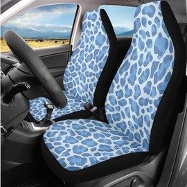 Semiouray Cute Blue Leopard Print Universal Car Seat Covers of 5 Pcs Set Cartoon Animal Skin Steering Wheel Cover Front Seat Cover Universal Automotive Interior Covers