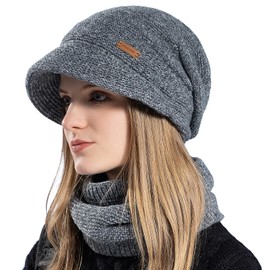 WANYIG Women's Winter Hat Knitted Hat with Scarf Autumn Women's Hats Winter Scarf and Hat Set with Visor / Soft Lining Lined, darkgray