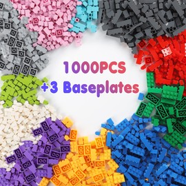 Building Bricks, 1000 Pieces Classic Bulk Building Blocks with 3 Baseplates Building Bricks Set Compatible with All Major Brands Creative Building Toys for Kids 6 7 8 9 10 11 12 Years Old, 12 Color