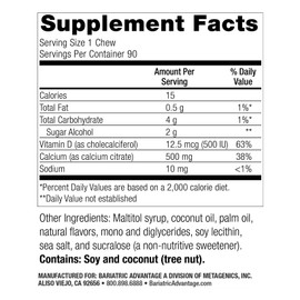 Bariatric Advantage Calcium Citrate Chewy Bites 500 mg - Highly Absorbable & Digestible - Vitamin D3 - Easily Chewable Calcium Supplement - Coconut Flavor - 90 Count