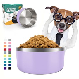 IKITCHEN Dog Bowl for Food and Water, 40 Oz Stainless Steel Pet Feeding Bowl, Durable Non-Skid Insulated Heavy Duty with Rubber Bottom for Medium Large Dogs (40 Ounces/5 Cup, Light Purple)