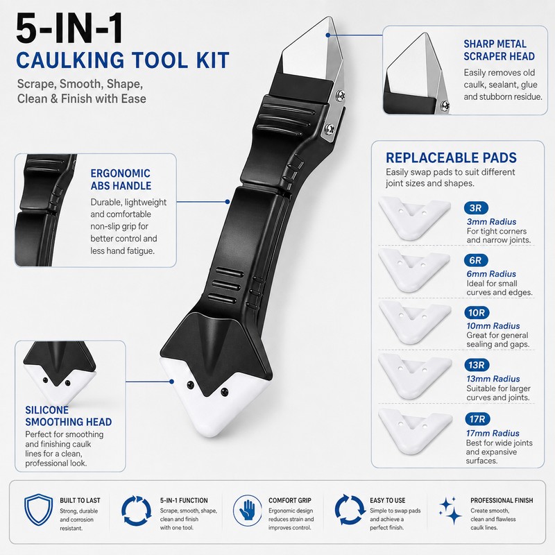 5-in-1 Silicone Caulking Tool Kit for Sealant Finishing – Reusable