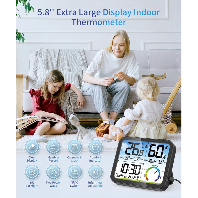 VOCOO Digital Indoor Room Thermometer - 5.8'' Extra Large Display