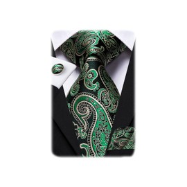 Hi-Tie Men 63inches Tie Set Extra Long Necktie Paisley Tie Pocket Suqare Cufflinks Big and Tall Men Tie,Green Black