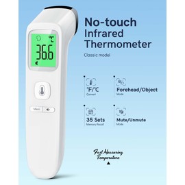 No-Touch Forehead Thermometer for Adults, Infrared Digital Thermometer for Kids, Touchless Baby Thermometer, Accurate Reading with LCD Display, Mute Mode, Memory Recall, Fever Alarm…