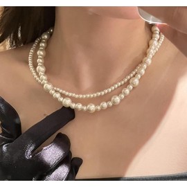 Roe Dolph Pearl Choker Necklace Multi Layer Pearl Stacking Necklace Round Pearl Strand Pearl Choker Statement Collar Neck Jewelry Gifts for Her