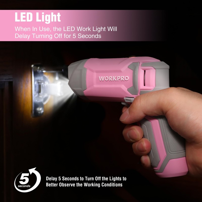 WORKPRO Pink Cordless Screwdriver Set, 3.6V Electric Rechargeable Eccentric Power