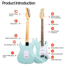 MOSEN 39in Full Size Beginner Electric Guitar Starter Kit, Beginner Starter, with Amplifier, SSS Pickups, Gig Bag, Pick, Tunner, Capo, Cable, Tremolo Bar, Wiping cloth - Blue
