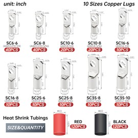 DTLDZSC 180Pcs AWG2 4 6 8 10 12 Thickened Tinned Copper Electric Wire Lugs，Heavy Duty Battery Cable Lug Ends Ring Terminal Connectors，240Pcs 3:1 Heat Shrink Tubing Assortment Kit (420Pcs)