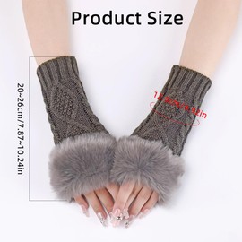 CABODYALS 2 Pairs Dark Grey Fingerless Gloves with Cable Knit Arm Warmers Winter Gloves with Soft Fluffy Thumb Hole and Faux Fur Knitted Wrist Warmer Mittens for Women Unisex Z