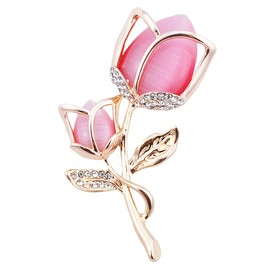 FENGJI Tulip Flowers Gold and Silver Plated Rhinestone Brooch Pin for Women Ladies Festival Gift (White,Hot Pink) Gold Hot Pink