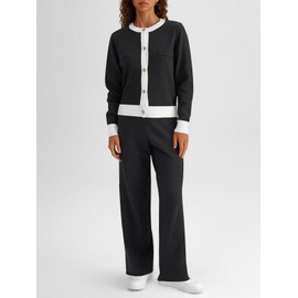 LILLUSORY Womens 2 Piece Sets Lounge Matching Two Piece Outfits Cardigan Sweaters Tops and Wide Leg Pants 2024 Fall Fashion Clothes Airport Loungewear Knit Comfy Tracksuit Black L