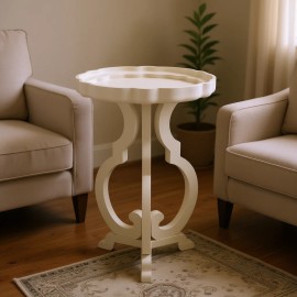 PARISLOFT French Country End Table Cream White Scalloped Edge Tray Top Curved Legs Wood Living Room Accent Table