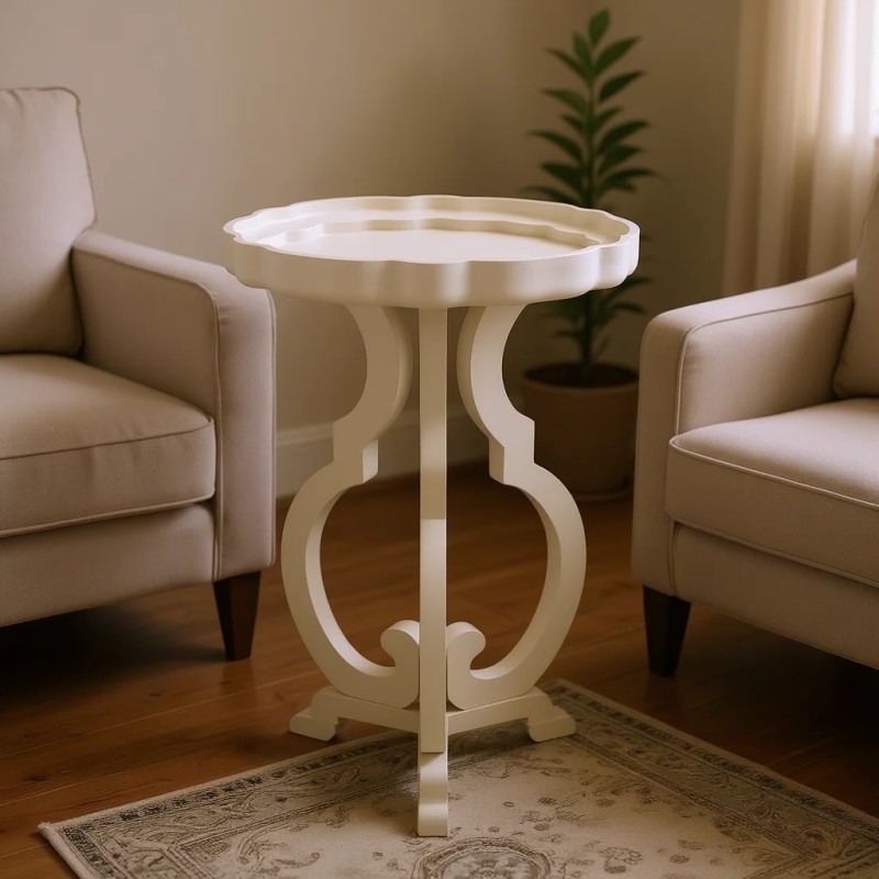 PARISLOFT French Country End Table Cream White Scalloped Edge Tray