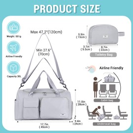 FIORETTO Womens Mens Sports Gym Bag Duffle Bag with Shoes Compartment, Weekend Travel Bag Overnight Bag for Women, Foldable Water Resistant Holdall Hospital for Swimming with Toiletry Bag Grey