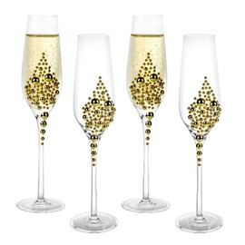 MyGift Champagne Flutes 6 oz, Clear Glass Stemmed Toasting Glasses with Faux Gold Pearls – Wedding, Bridal Shower & Bachelorette Party Glassware Set of 4