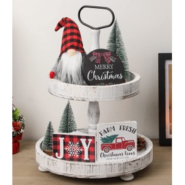 Christmas Tiered Tray Décor Set of 7, Merry Christmas Farm Fresh Truck, Joy Wood Sign Buffalo Plaid Gnome Plush and Christmas Trees, Farmhouse Table Home Party Shelf Fireplace Mantel Decor