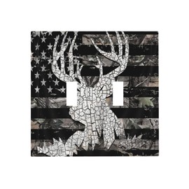 Rustic Hunting Forest Camo American USA Flag Deer Elk Moose Antlers Wildlife Animal 2 Gang Double Toggle Light Switch Wall Plate Outlet Cover Electrical Faceplate Switchplate Countryside Rural Decor