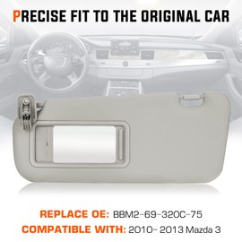 Youxmoto Sun Visor Left Driver Side for Mazda 3 2010 2011 2012 2013, Gray Replaces# BBM2-69-320C-75, with Vanity Mirror