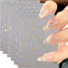 6Pcs Star Moon Nail Stickers 3D Self-Adhesive Star Moon Nail Art Stickers Christmas Nail Decals Silver Gold Star Moon Nail Design Charms for Women and Girls Nail Decoration Accessories