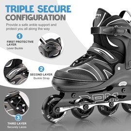 2PM SPORTS Kids Adjustable Inline Skates Ages 4-12, Youth Inlie Skates for Girls Boys 5-8 8-12 with Full Light Up Wheels, Beginner Women Men Adult Skates - Silver X-Large