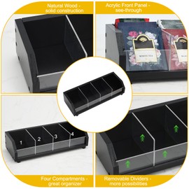 Tea Bag Storage Organizer, Natural Wood and Clear Acrylic, 4-Section Chest, 13.5x4.9x3.1 Inch, 80 Bag Capacity (Black)