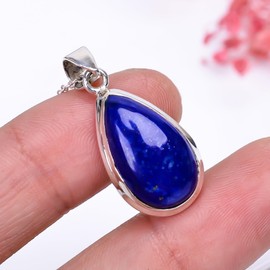 GEMKORA Natural Real Lapis Lazuli Crystals Bezel Pear Pendant Necklace, Polished Birthstone, Healing Cabochon Gemstone, Birthday, Christmas Day Gift Jewellery, 925 Sterling Silver Jewellery 18 inch