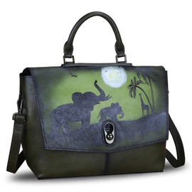 Genuine Leather Satchel Purses Handbags for Women Large Capacity Shoulder Bags Lady Work Top Handle Crossbody Bags (GreenHandPainted)