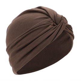 ITODA Turban Women's Fashion Cap African Headscarf Head Wrap Hat Pre-Tied Knot Sleeping Hat Cotton Turban Hat Elasitic Sleep Cap Pleated Headwear for Hair Loss Sleeping Leisure Brown