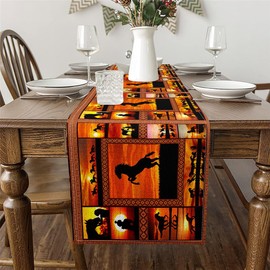 Erosebridal Horse Table Runner 13x72,Western Cowboys Table Runners Waterproof,Farmhouse Sunset Rectangular Runner,Horse Silhouette Wild Animals Patchwork End Table Runner for Home Dinner,Yellow
