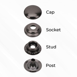Trimming Shop 15mm Press Studs Snap Fasteners Heavy Duty No-Sew Metal Buttons Four Part Snap Buttons for DIY Leathercrafts Jacket Handbag Belts, Gunmetal, 10pcs