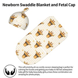 Cute Cartoon Giraffe Baby Stuff Swaddle Blanket Hat Set for Boys Girls, Soft Newborn Sleeping Sack Receiving Blanket Shower Gift