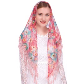 PAMOR Mass Veil Triangle Mantilla Cathedral Head Covering Chapel Veil Lace Shawl Latin Scarf (Pink)