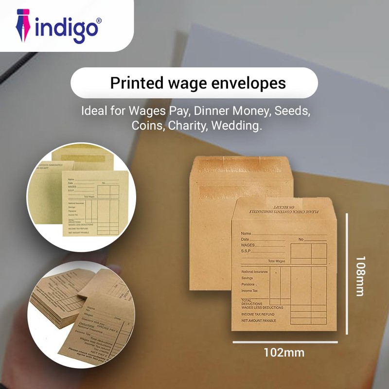 Indigo Printed Wage Pay Money Brown Manilla Envelopes (50)