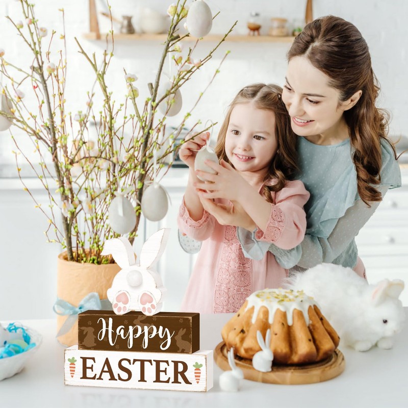 Happy Easter Bunny Table Sign Decorations, Easter Wooden Block Tabletop
