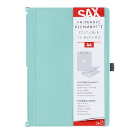 SAX Folding Clipboard Aqua Clipboard A4 to A5 Portrait and Landscape Format Ideal for Travel and Business Holds 30 Sheets Includes Elastic Closure Band and Pen Loop Durable & Shockproof