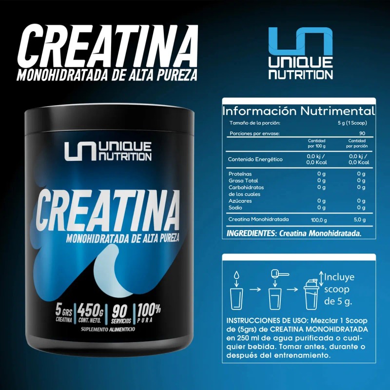 Unique Nutrition Creatina Monohidratada Pura 450g Serv