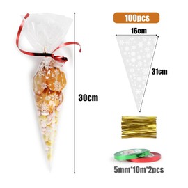 100pcs Christmas Sweet Cone Bags Snowflake Sweet Cones Clear Christmas Cellophane Cone Bags with Ribbons for Winter Holiday Party New Year