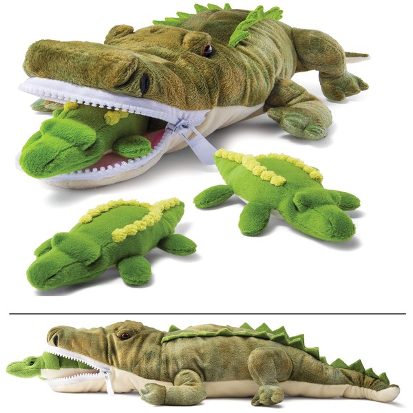 PREXTEX Plush Alligator Toys Stuffed Animal w/ 3 Alligator Baby Stuffed Animals - Big Alligator Zippers 3 Little Plush Baby Alligators - Alligator Plush Toys for Kids 3-5 - Gift for Alligator Lovers