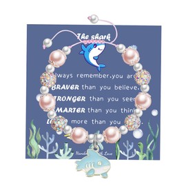 LINY Cute Ocean Animal Bracelet Pink Pearl and Rhinestone Bracelet Adjustable Shark/Seahorse/Jellyfish/Manta Ray Bracelet for Niece Granddaughter Daughter (Shark Bracelet Pink)