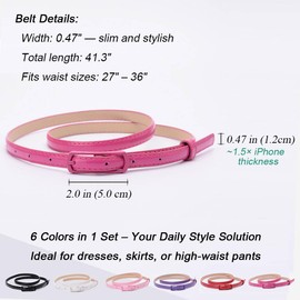 EOQIFJM Women Skinny Belts 6 Pack – PU Leather Thin Waist Belts for Dresses, Jeans, Pants with Buckle, Fashion Slim Leather Belt