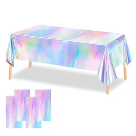 OQOQ Iridescent Table Cloths (4 Packs，Silver) - Rectangular Plastic Table Cover Disposable Tablecloth Rainbow Birthday Decorations Waterproof Foil Tablecloth Bachelorette Party Disco Party 54x108 Inch