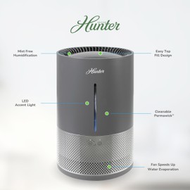 HHE150 Hunter Aspire 4.8L Evaporative Humidifier with PermaWick Filter (4.8L) - Remove Contaminants & White Dust for Clean Mist & Air – Medium Humidifier for Home, Bedroom, or Dorm - Graphite